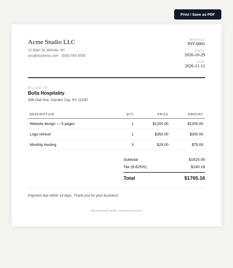 InstantInvoice sample output